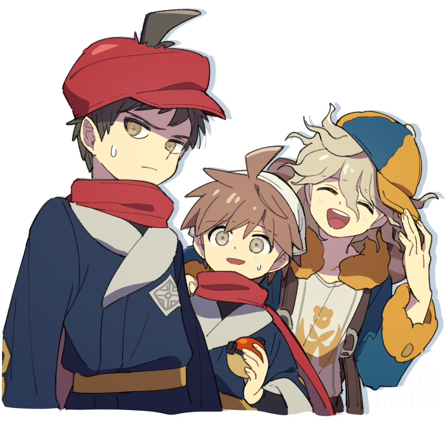 3boys :d ahoge akari_(pokemon) akari_(pokemon)_(cosplay) blue_headwear brown_eyes cheeseko closed_eyes cosplay danganronpa:_trigger_happy_havoc danganronpa_(series) danganronpa_2:_goodbye_despair galaxy_expedition_team_survey_corps_uniform ginkgo_guild_uniform hair_through_headwear headscarf hinata_hajime holding holding_poke_ball komaeda_nagito long_hair looking_at_viewer male_focus multiple_boys naegi_makoto nintendo open_mouth orange_headwear poke_ball pokemon pokemon_legends:_arceus red_headwear red_scarf rei_(pokemon) rei_(pokemon)_(cosplay) scarf simple_background smile sweatdrop volo_(pokemon) volo_(pokemon)_(cosplay) white_headscarf white_headwear