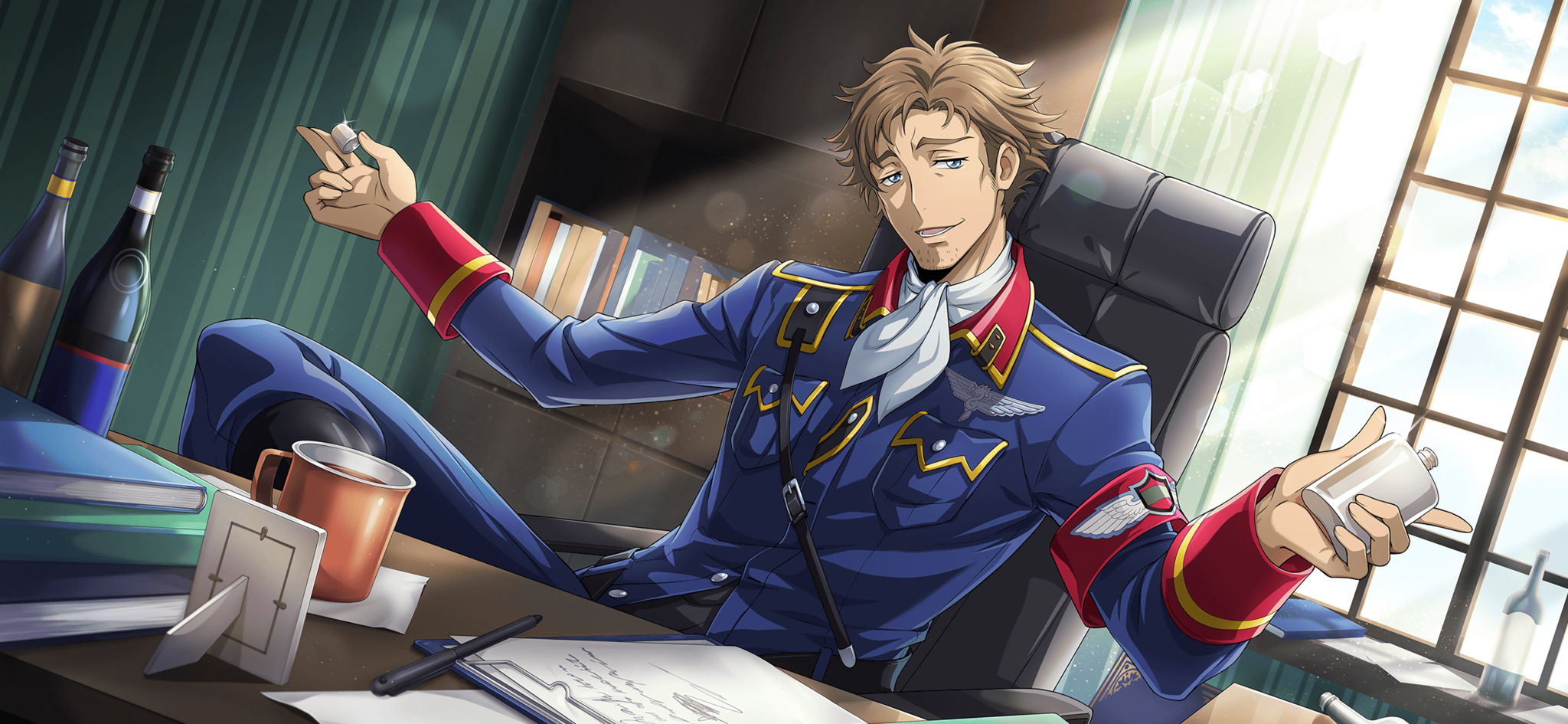 1boy armband artist_request beard_stubble belt blue_eyes blue_jacket blue_pants book bottle breast_pocket brown_hair buttons chair claus_warwick clipboard code_geass code_geass:_boukoku_no_akito code_geass:_lost_stories cup drink facial_hair game_cg glint half-closed_eyes hands_up happy head_tilt highres hip_flask holding holding_bottle jacket leaning_back lens_flare light_particles light_rays long_sleeves looking_at_viewer male_focus medal military_uniform mug non-web_source office_chair official_art on_chair open_mouth pants paper pen picture_frame pocket short_hair sitting smile solo steam stubble sunlight swivel_chair table teeth window wine_bottle