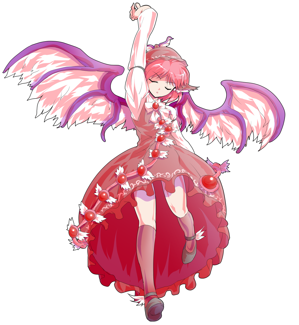 1girl animal_ears arm_up bird_ears bird_wings black_shoes brown_dress brown_hat brown_socks closed_eyes commentary_request dairi dress full_body hat highres imperishable_night large_variant_set long_sleeves medium_hair mystia_lorelei parted_lips pink_hair shirt shoes socks solo tachi-e touhou transparent_background variant_set white_shirt winged_hat wings