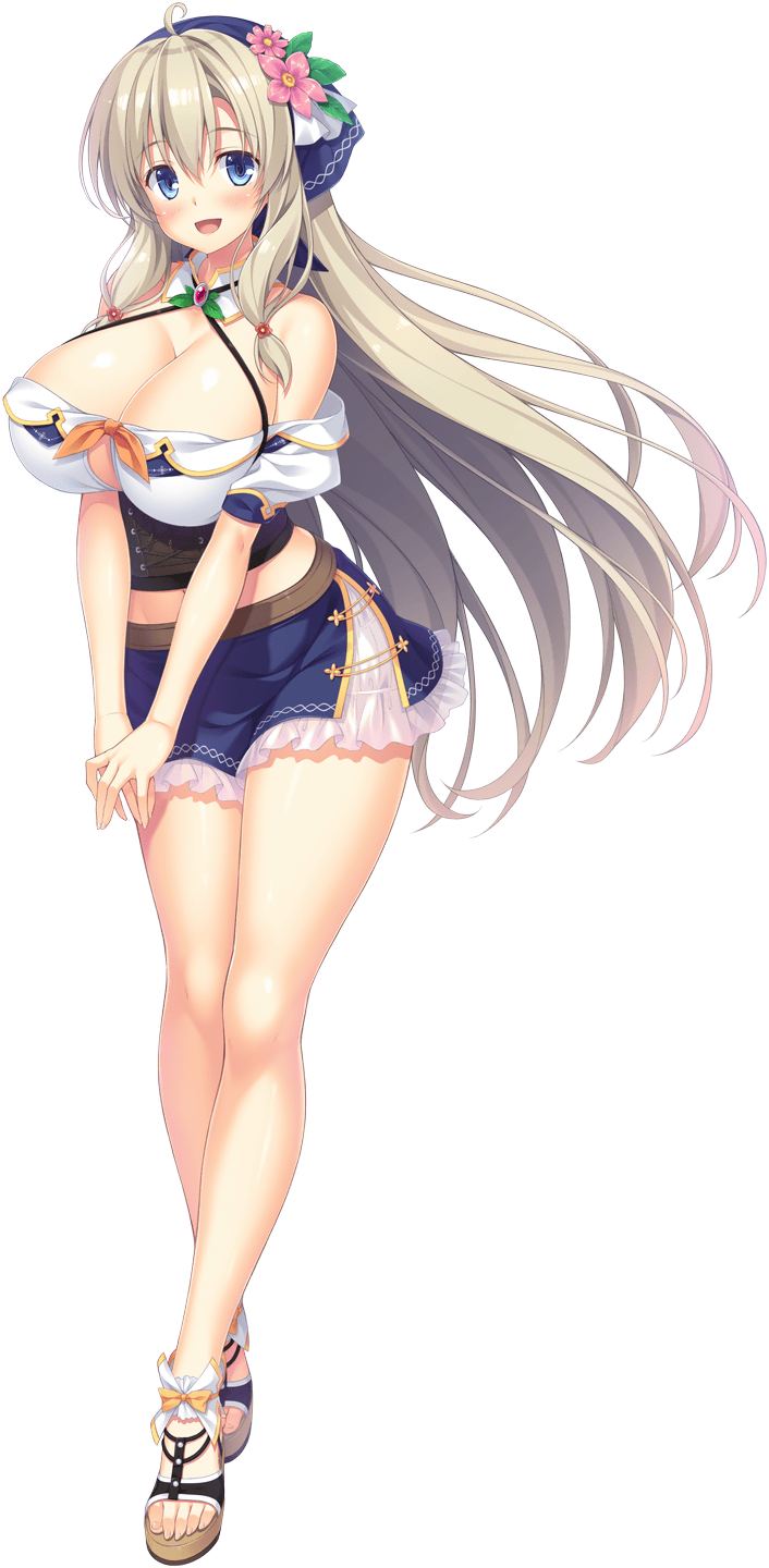 1girl :d ahoge anna_heiritte bandana blonde_hair blue_bandana blue_eyes blue_skirt blush breasts cleavage cleavage_cutout clothing_cutout collar crop_top flower full_body game_cg hair_flower hair_ornament highres hinata_nao large_breasts long_hair looking_at_viewer low-tied_sidelocks midriff navel non-web_source official_art open_mouth own_hands_together pink_flower sandals see-through_clothes see-through_skirt sex_open_world_e_youkoso! sidelocks skirt smile solo transparent_background