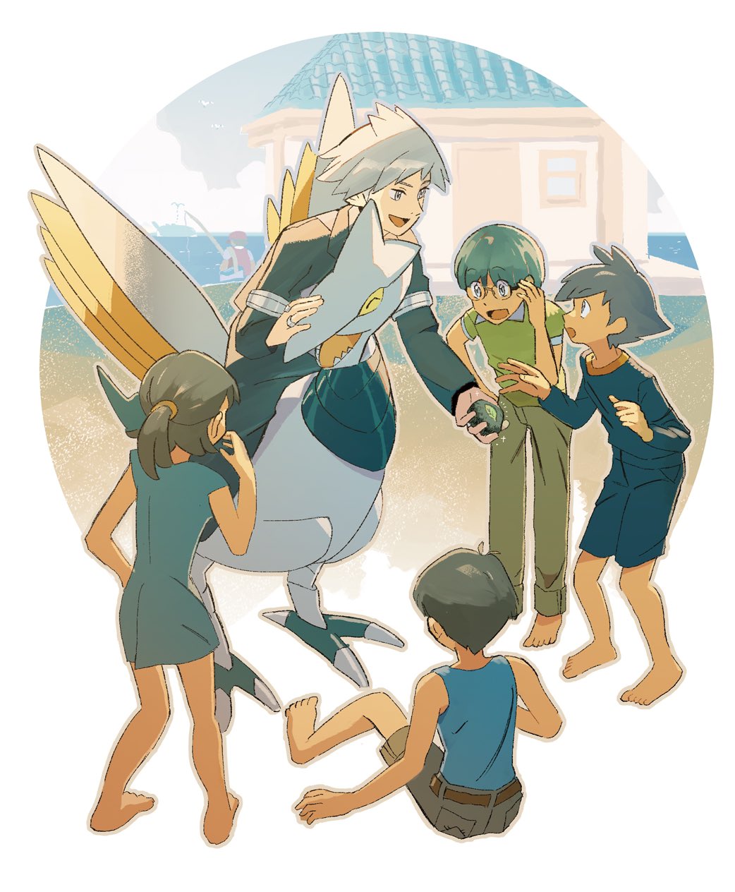 1girl 5boys :d barefoot belt blue_shirt brown_belt collared_shirt commentary_request day dress green_hair green_shirt grey_eyes grey_hair highres holding jacket multiple_boys nintendo npc_trainer open_mouth outdoors pants pokemon pokemon_(creature) pokemon_rse riding riding_pokemon school_kid_(pokemon) shirt short_hair shorts sitting sleeveless sleeveless_shirt smile standing steven_stone terrible_burst toes tongue