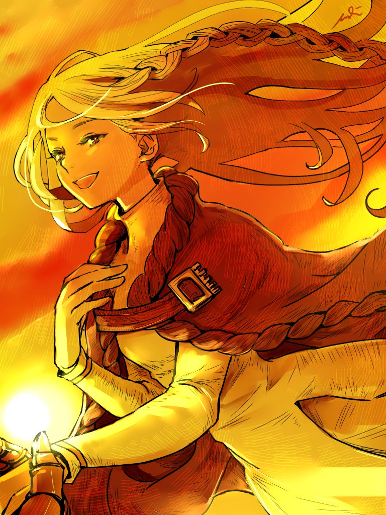 1girl blonde_hair braid cloud dress dusk final_fantasy final_fantasy_tactics holding_hands long_hair mochi_(hanamaruudondesu) nose orange_eyes outdoors ovelia_atkascha pov smile strap sun sunset white_dress
