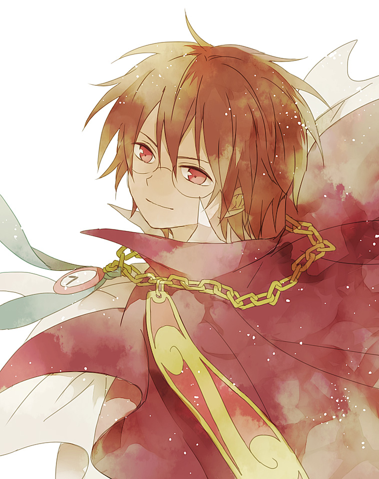 1boy brown_hair cape chain clock closed_mouth glasses hair_between_eyes hana_(mew) klug_(puyopuyo) light_particles male_focus puyopuyo puyopuyo_fever red_cape red_eyes short_hair solo strange_klug white_background