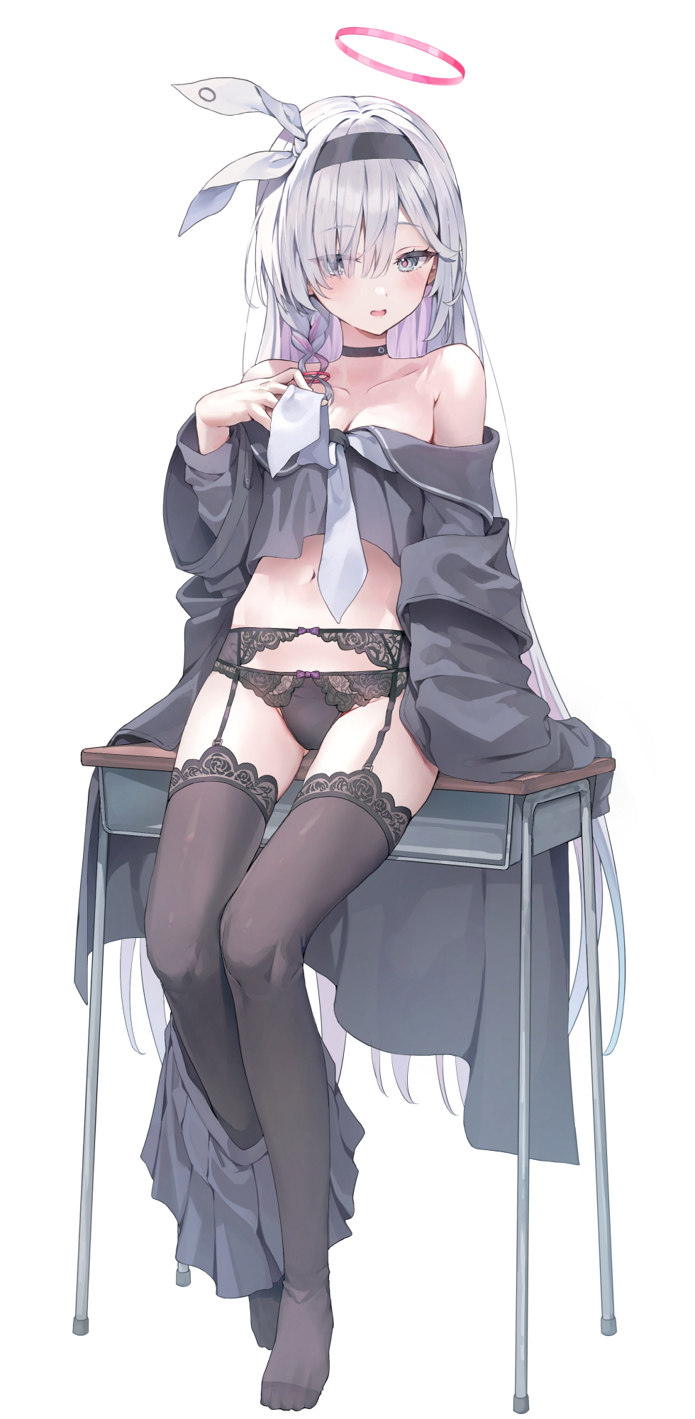 1girl black_choker black_coat black_eyes black_garter_belt black_hairband black_panties black_serafuku black_thighhighs blue_archive bow braid choker clothes_pull coat colored_inner_hair desk full_body garter_belt grey_eyes hair_bow hair_over_one_eye hairband halo highres huwari_(dnwls3010) lace lace-trimmed_garter_belt lace-trimmed_panties lace_trim long_hair looking_at_viewer multicolored_hair neckerchief off_shoulder on_desk open_mouth panties pink_halo plana_(blue_archive) red_halo red_pupils ribbon school_uniform serafuku single_braid sitting skirt skirt_around_one_leg skirt_pull solo thighhighs two-tone_hair underwear white_background white_choker white_hair white_neckerchief white_ribbon