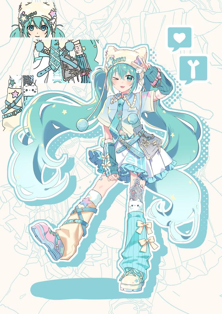 &gt;_o 1girl animal_hat arm_warmers asymmetrical_footwear asymmetrical_legwear beanie blue_nails blue_necktie blue_outline blue_shirt blue_socks blush cat_hat closed_mouth collared_shirt drop_shadow frilled_shirt_collar frilled_skirt frills full_body green_eyes green_hair hashtag-only_commentary hat hatsune_miku jiu_(jiwoo_owo9) kneehighs long_hair looking_at_viewer loose_socks mismatched_footwear mismatched_legwear nail_polish necktie one_eye_closed outline pink_shoes pleated_skirt ribbed_socks shirt shoes short_sleeves sidelocks skirt smile socks standing tongue tongue_out very_long_hair vocaloid white_background white_hat white_shoes white_skirt yellow_socks zoom_layer