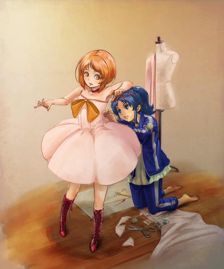10s 2girls bare_shoulders blue_eyes blue_hair boots bow brown_eyes brown_hair choker dress full_body glasses goru_(cure_golgom) heartcatch_precure! kneeling kurumi_erika lace-up_boots mouth_hold multiple_girls pants ponytail precure scissors sewing shirabe_ako short_hair suite_precure