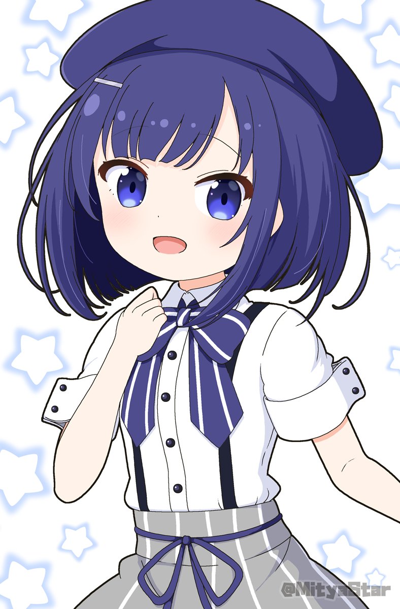 1girl :d beret blue_bow blue_eyes blue_hair blue_hat bow closed_mouth collared_shirt commentary_request dress_shirt fuiba_fuyu gochuumon_wa_usagi_desu_ka? grey_skirt hair_ornament hairclip hand_up hat highres mitya open_mouth shaded_face shirt short_sleeves skirt smile solo star_(symbol) star_symbol_background striped_bow striped_clothes striped_skirt suspender_skirt suspenders vertical-striped_clothes vertical-striped_skirt white_background white_shirt