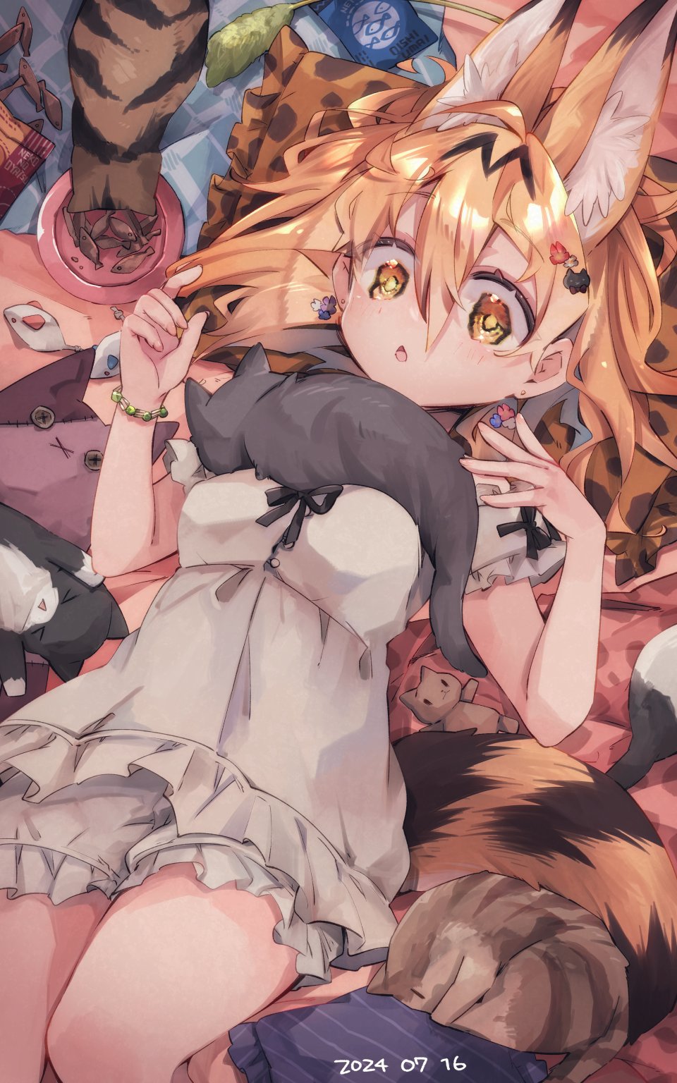 1girl alternate_costume animal animal_ear_fluff animal_ears animal_on_chest animal_print black_ribbon bowl bracelet breasts cat cat_hair_ornament commentary_request cowboy_shot dated extra_ears flower flower_hairpin frilled_shirt frilled_shorts frilled_sleeves frills hair_between_eyes hair_flower hair_ornament hands_up highres jewelry kemono_friends looking_at_animal lying multicolored_hair nanana_(nanana_iz) on_back open_mouth orange_hair parted_lips pet_bowl pet_food pillow print_pillow puffy_shorts ribbon serval_(kemono_friends) shirt short_hair short_sleeves shorts solo striped_tail tail white_shirt white_shorts