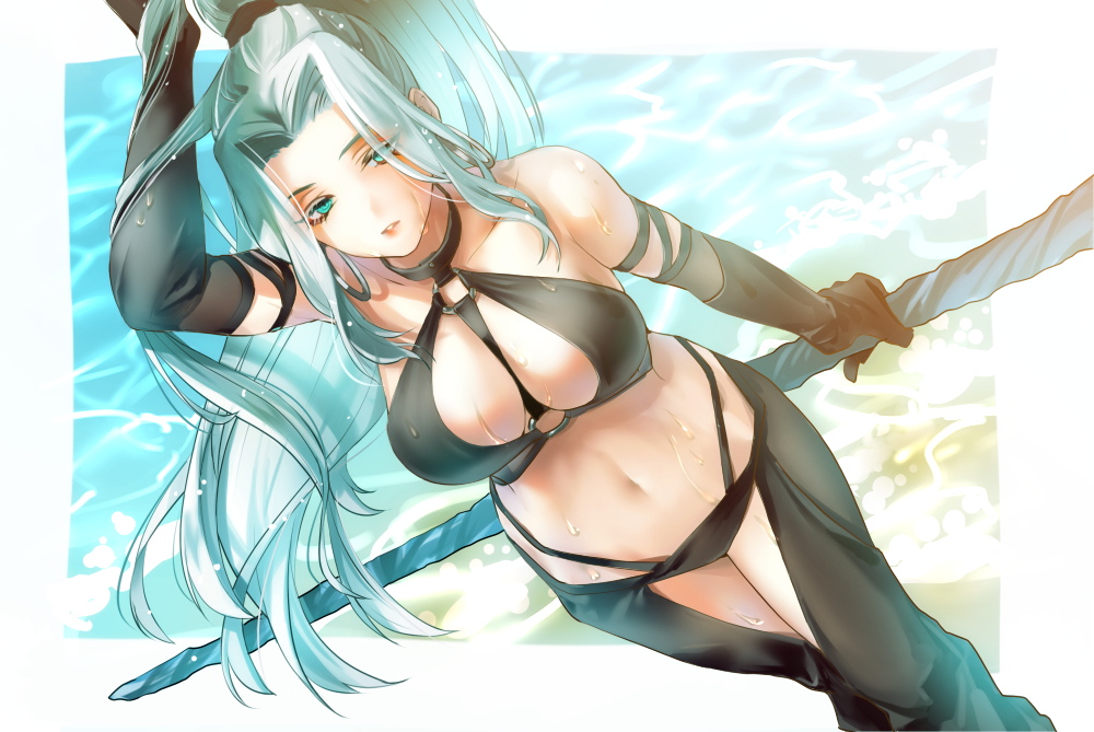 1girl black_gloves black_pants blue_eyes border breasts commentary_request dutch_angle elbow_gloves gensou_suikoden gensou_suikoden_iv gloves holding holding_behind_back holding_polearm holding_polearm_behind_back holding_staff holding_weapon holding_weapon_behind_back jeane_(suikoden) large_breasts long_hair looking_at_viewer o-ring o-ring_top ocean pants polearm ponytail revealing_clothes rhapsodia sassa_(cb) silver_hair solo staff very_long_hair white_border