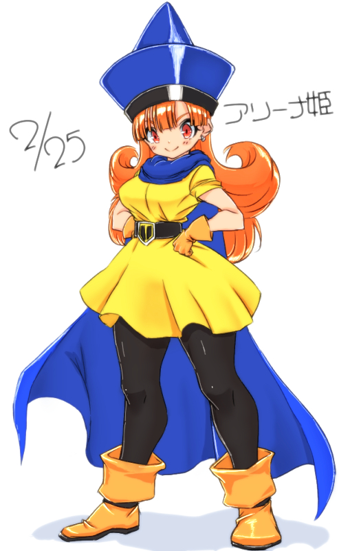 1girl alena_(dq4) blush boots breasts cape closed_mouth commentary_request curly_hair dragon_quest dragon_quest_iv dress earrings female_focus gloves hat jewelry long_hair looking_at_viewer nyantiu orange_hair pantyhose red_eyes simple_background smile solo white_background