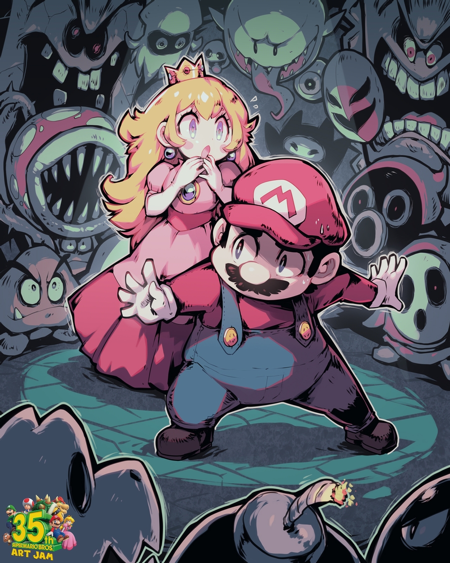 1boy 1girl 6+others :o black_eyes black_hair blonde_hair blooper_(mario) blue_overalls blush_stickers bob-omb boo_(mario) breasts bright_pupils brown_footwear bullet_bill carnivorous_plant commentary creature crown dark disembodied_eye dress dry_bones earrings elbow_gloves english_commentary english_text facial_hair flipped_hair fuse ghost gloves goomba hair_between_eyes hat jewelry legs_apart lit_fuse logo long_hair long_sleeves long_tongue looking_at_another mario mario_(series) mask medium_breasts monster mr._i multiple_others mustache ninji_(mario) nintendo notice_lines open_mouth outline outstretched_arms overalls own_hands_together parororo phanto pink_dress piranha_plant princess_peach puffy_short_sleeves puffy_sleeves raised_eyebrow red_headwear red_shirt sharp_teeth shirt shoes short_hair short_sleeves shy_guy sideburns sidelocks snifit standing super_mario_bros._2 super_mario_bros._3 sweat teeth thick_eyebrows thwomp toad_(mario) tongue v-shaped_eyebrows very_long_hair very_short_hair white_gloves white_pupils whomp