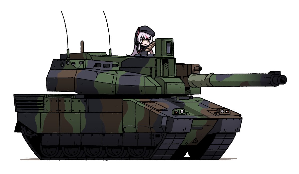 1girl arianna_foxton baguette beret black_hat bread camouflage caterpillar_tracks food grey_hair hat holding holding_food indie_virtual_youtuber karepack leclerc_(tank) military_vehicle motor_vehicle multicolored_hair pink_hair second-party_source simple_background solo tank two-tone_hair virtual_youtuber white_background yellow_eyes