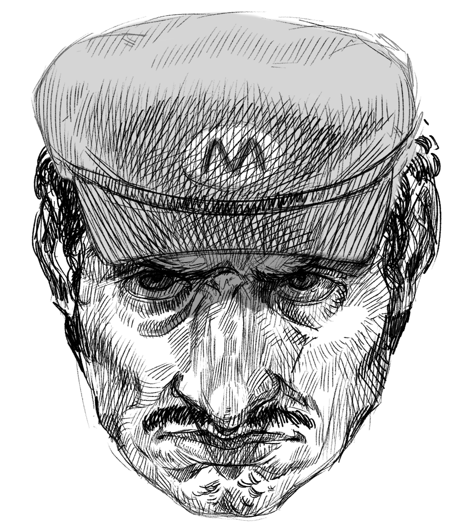 1boy commentary english_commentary facial_hair frown grandguerrilla greyscale hat looking_at_viewer male_focus mario mario_(series) monochrome mustache nintendo realistic shaded_face simple_background solo white_background