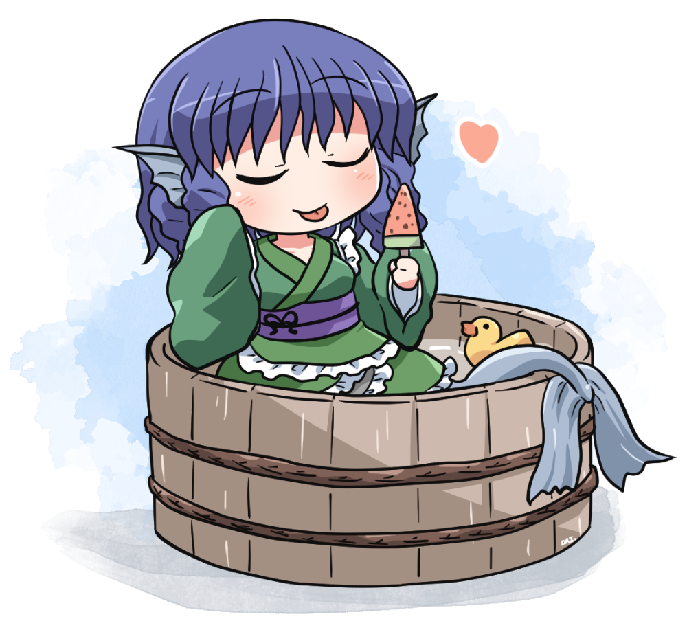1girl bird blue_hair bucket closed_eyes closed_mouth commentary_request duck fins food frilled_kimono frills fruit full_body green_kimono head_fins heart holding holding_food in_bucket in_container japanese_clothes kimono long_sleeves mermaid monster_girl popsicle purple_sash rokugou_daisuke sash short_hair signature smile solo tongue tongue_out touhou wakasagihime watermelon watermelon_bar wide_sleeves wooden_bucket
