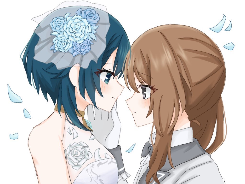 2girls aizawa_kazuha assault_lily bare_shoulders blue_eyes blue_flower blue_hair blue_rose blush bow bowtie brown_hair closed_mouth commentary face-to-face falling_petals floral_print flower frilled_sleeves frills gloves grey_bow grey_bowtie grey_eyes grey_jacket hair_between_eyes hair_flower hair_ornament halter_shirt halterneck hand_on_another&#039;s_cheek hand_on_another&#039;s_face iijima_renka jacket long_hair long_sleeves looking_at_another low_side_ponytail multiple_girls official_alternate_costume petals print_shirt rose rose_print sana_(hs_yp1) shirt short_hair side_ponytail sleeveless sleeveless_shirt white_gloves white_shirt yuri