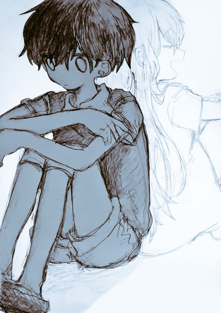 1boy 1girl :d back-to-back closed_eyes closed_mouth commentary dot_nose dress english_commentary feet_out_of_frame hair_behind_ear hair_between_eyes kneehighs knees_up kobanzame_omo long_hair looking_down mari_(faraway)_(omori) mari_(omori) mari_(spirit)_(omori) monochrome omori open_mouth profile short_hair short_sleeves shorts simple_background sitting smile socks solo_focus spoilers sunny_(omori) sweater_vest white_background