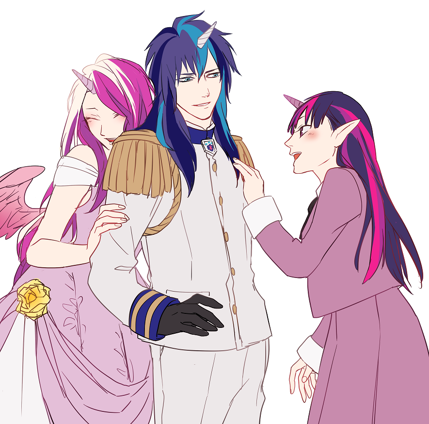 1boy 2girls black_gloves blue_hair brother_and_sister cuddling dress epaulettes closed_eyes from_side gloves horns long_hair multicolored_hair multiple_girls my_little_pony my_little_pony:_friendship_is_magic otani_(gloria) pink_hair pointy_ears princess_cadance purple_hair shining_armor siblings single_horn twilight_sparkle two-tone_hair uniform white_background wings