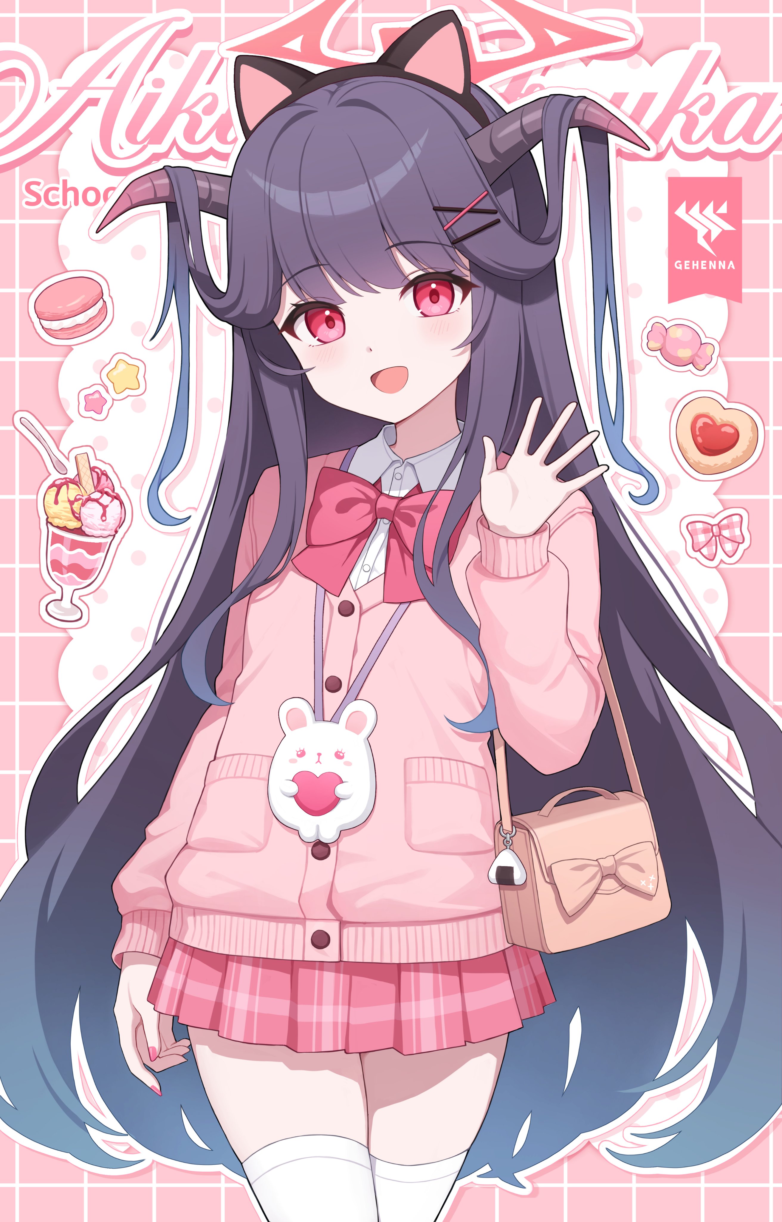 1girl absurdres alternate_costume animal_ear_hairband animal_ears bag black_hair black_hairband blue_archive blue_hair bow bowtie brown_bag brown_bow candy cardigan cat_ear_hairband cat_ears chelly_(glisten_chelly) collared_shirt cookie cowboy_shot demon_horns english_text fake_animal_ears food fuuka_(blue_archive) gehenna_academy_logo gingham gingham_bow gradient_hair hair_ornament hairband hairclip halo heart highres horns ice_cream long_hair long_sleeves looking_at_viewer macaron multicolored_hair open_mouth pink_background pink_bow pink_bowtie pink_cardigan pink_halo pink_nails pink_skirt plaid_clothes plaid_skirt pleated_skirt red_eyes school_uniform shirt shoulder_bag skirt smile solo spoon sundae thighhighs very_long_hair wafer_stick waving white_shirt white_thighhighs x_hair_ornament zettai_ryouiki