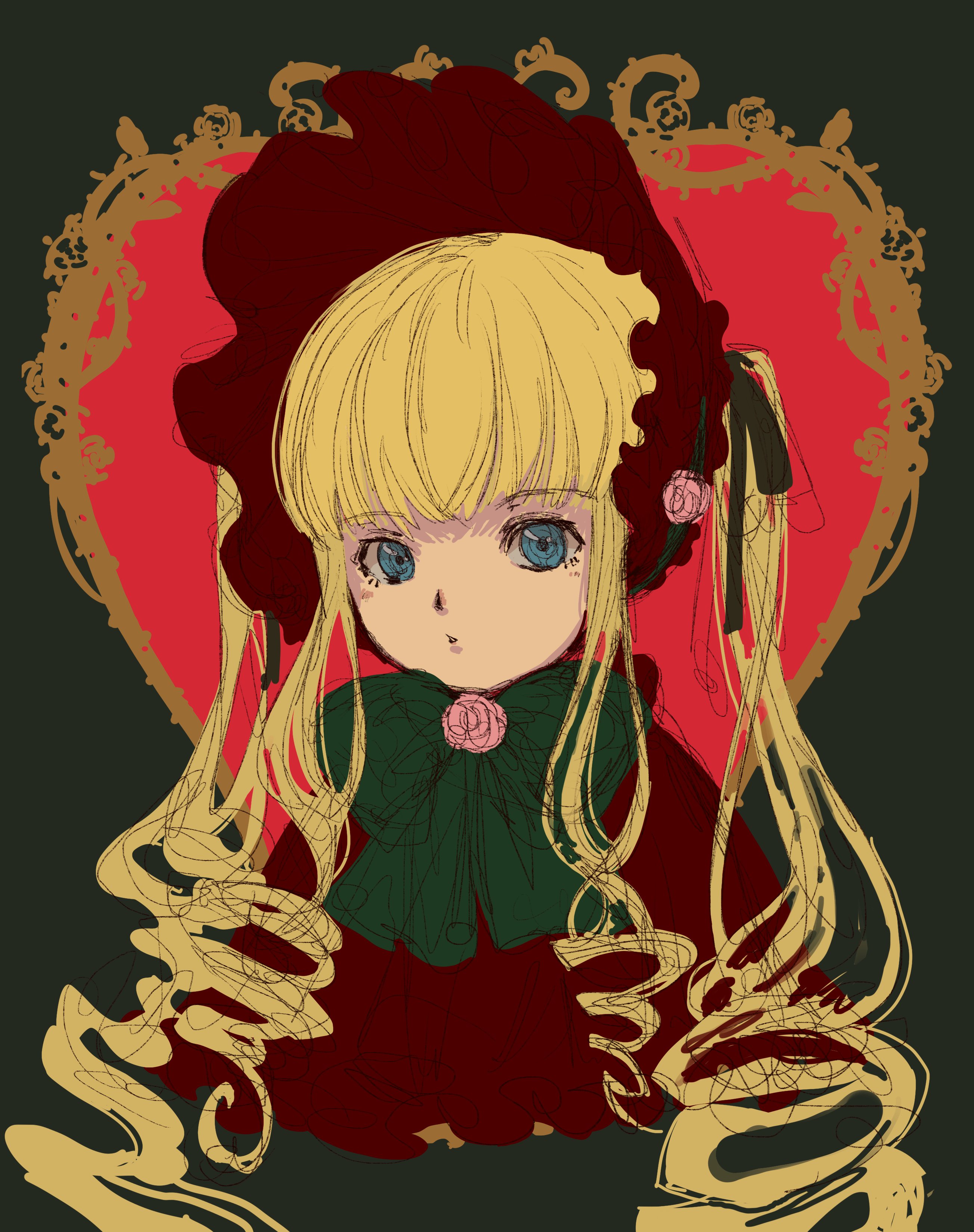 1girl absurdres blonde_hair blue_eyes bow bowtie capelet closed_mouth dot_mouth fengcheche green_bow green_bowtie hat highres looking_at_viewer red_capelet red_hat rozen_maiden shinku sidelocks simple_background solo thorns twintails upper_body