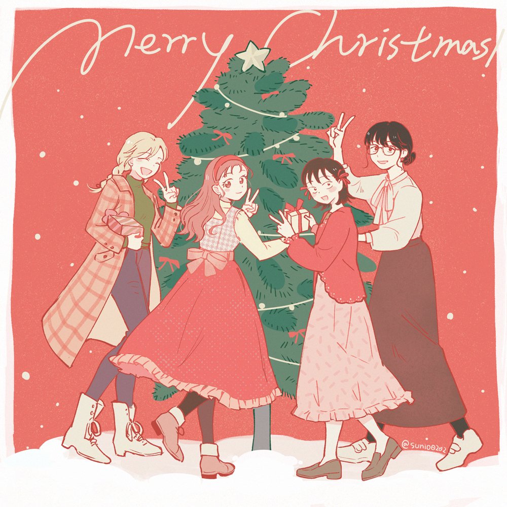 4girls ankle_boots back_bow black_eyes black_hair black_pantyhose blonde_hair blouse blush_stickers boots border bow box braid brown_footwear brown_hair brown_skirt cardigan christmas christmas_ornaments christmas_star christmas_tree coat denim dot_nose dress earrings egashira_mika facing_viewer frilled_dress frills full_body fur-trimmed_boots fur_trim gift gift_box glasses green_sweater grey_vest hair_between_eyes hair_bun hair_ribbon hairband hand_up happy holding holding_box iwakura_mitsumi jeans jewelry kurume_makoto lace-up_boots loafers long_dress long_hair long_skirt long_sleeves merry_christmas multiple_girls murashige_yuzuki muted_color neck_ribbon open_mouth pants pantyhose pink_dress plaid_clothes plaid_coat polka_dot polka_dot_skirt red_background red_cardigan red_hairband red_ribbon red_skirt ribbon shirt shoes short_hair sidelocks simple_background single_hair_bun skip_to_loafer skirt snow snowing standing sunio0202 sweater turtleneck turtleneck_sweater twin_braids twitter_username v vest white_border white_pantyhose white_shirt wispy_bangs yellow_shirt