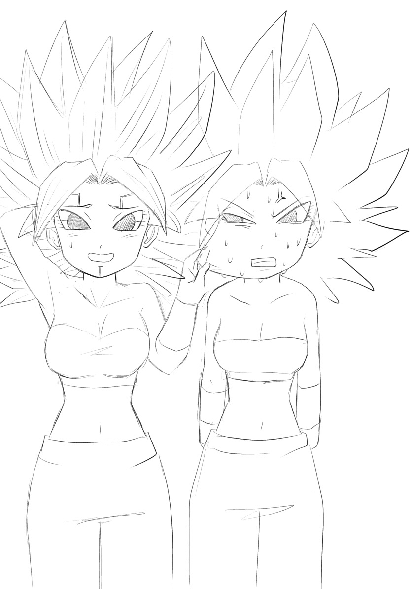 2girls alternate_hair_color breasts caulifla dragon_ball dragon_ball_heroes dragon_ball_super kakoi_66 large_breasts monochrome multiple_girls oren_(dragon_ball) possessed possession smile tongue tongue_out wide_hips