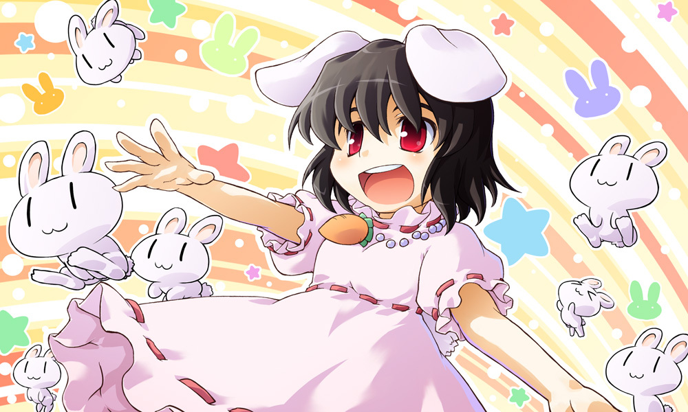 1girl 2000s_(style) :d animal_ears black_hair blush breasts carrot_necklace commentary_request dress floppy_ears inaba_tewi jewelry necklace open_mouth outstretched_arm paji pearl_necklace pink_dress puffy_short_sleeves puffy_sleeves rabbit rabbit_ears rabbit_girl rabbit_tail red_eyes ribbon-trimmed_dress ribbon-trimmed_sleeves ribbon_trim short_hair short_sleeves smile solo star_(symbol) tail teeth too_many too_many_rabbits touhou upper_teeth_only