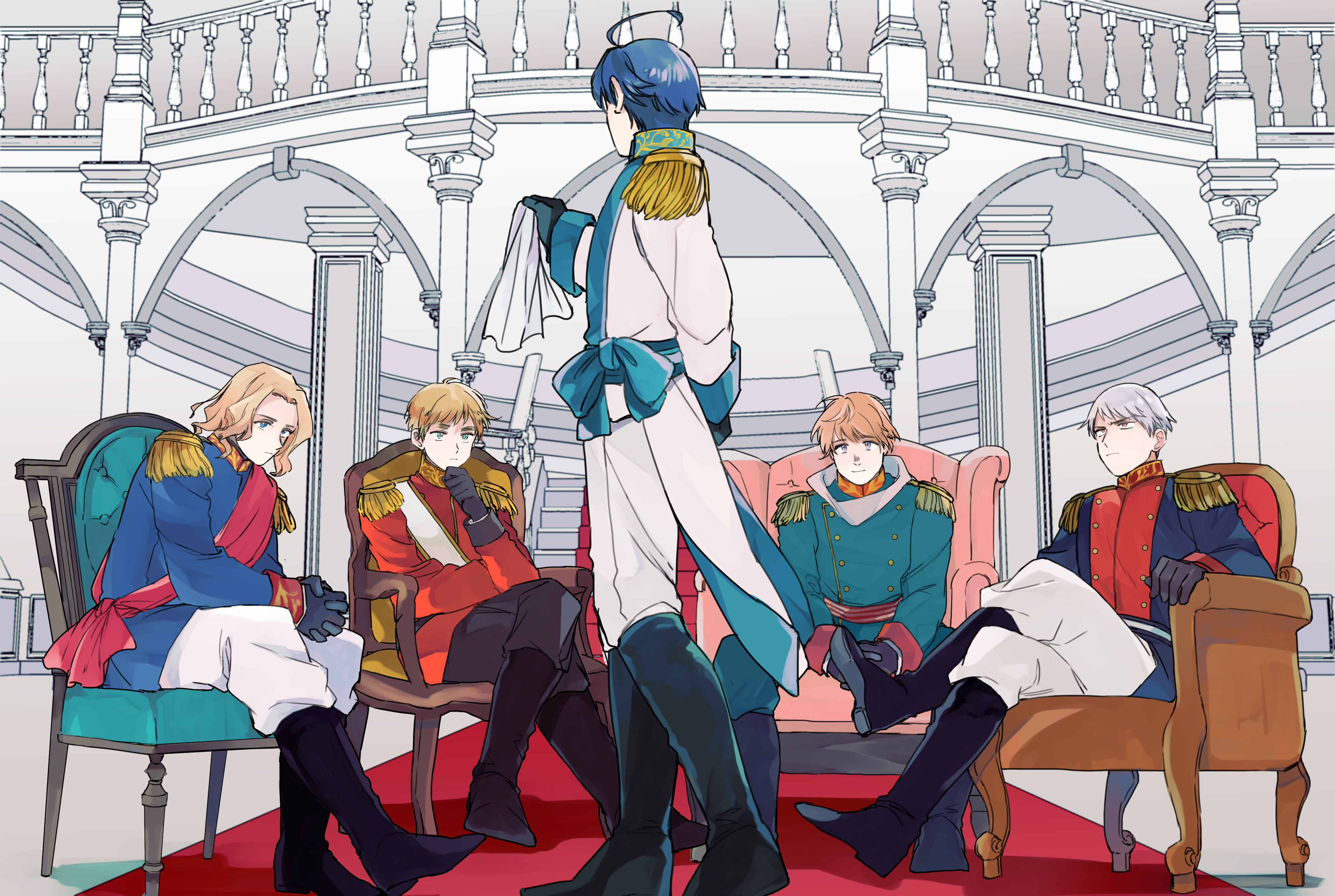 5boys absurdres ahoge arms_behind_back austria_(hetalia) axis_powers_hetalia baggy_pants belt black_boots black_gloves black_pants blonde_hair blue_belt blue_bow blue_eyes blue_hair blue_jacket boots bow buttons chair closed_mouth commentary_request crossed_legs epaulettes facing_away france_(hetalia) full_body gloves goro_nyanko green_eyes green_jacket green_pants grey_hair hand_on_own_chin hand_up handkerchief highres holding holding_handkerchief indoors jacket long_sleeves looking_at_another male_focus mandarin_collar military_jacket military_uniform multiple_boys on_chair own_hands_together pants pink_sash prussia_(hetalia) purple_eyes red_belt red_carpet red_eyes red_jacket russia_(hetalia) sash scarf short_hair sitting spread_legs stairs standing united_kingdom_(hetalia) white_belt white_jacket white_pants white_sash white_scarf