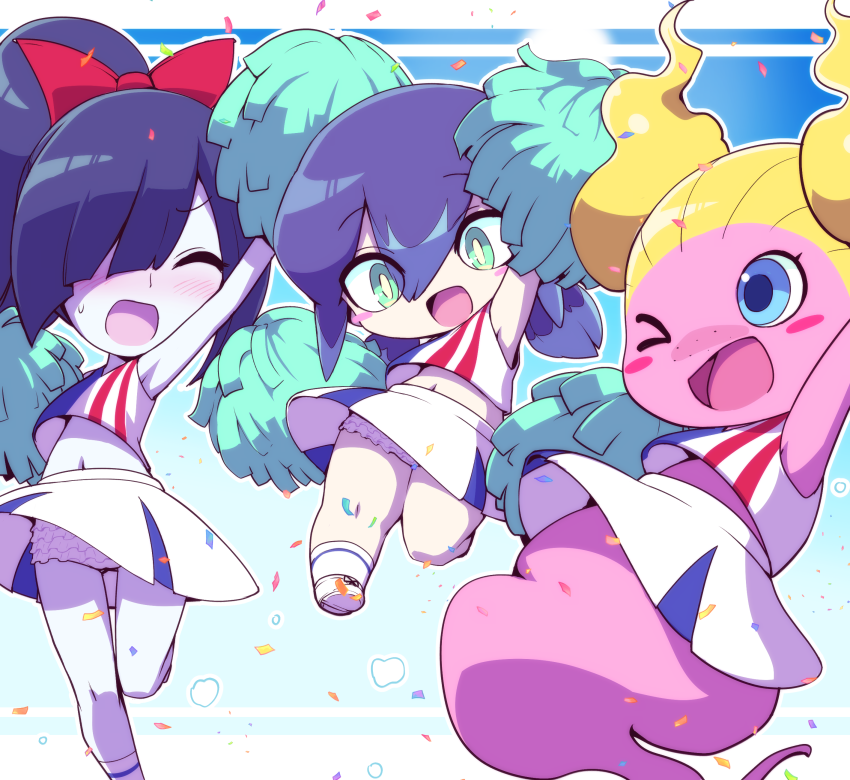 3girls ameonna_(youkai_watch) arms_up ashitagirl blush cheerleader child closed_eyes happy high_ponytail multiple_girls navel nollety one_eye_closed panties pantyshot petite pom_pom_(cheerleading) ponytail underwear wink youkai_watch youkai_watch_2 youkai_watch_3 yukionna_(youkai_watch)