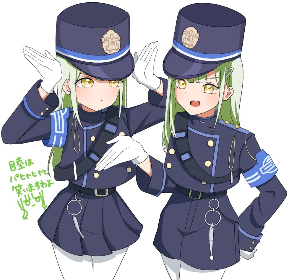 2girls armband arms_up bang_dream! bang_dream!_it&#039;s_mygo!!!!! belt black_belt black_hat black_shorts black_skirt blue_archive blue_armband buttons color_connection commentary_request cosplay cowboy_shot double-breasted dual_persona gloves green_hair hair_color_connection hair_ornament hairclip hand_on_own_hip hand_up hat high-waist_shorts high-waist_skirt hikari_(blue_archive) hikari_(blue_archive)_(cosplay) isumikofu long_sleeves looking_ahead looking_at_another miniskirt mortis_(bang_dream!) mortis_(persona)_(bang_dream!) multiple_girls nozomi_(blue_archive) nozomi_(blue_archive)_(cosplay) open_mouth pantyhose parody peaked_cap pleated_skirt pose_imitation rabbit_pose shako_cap short_shorts shorts shoulder_belt simple_background skirt straight_hair thigh_gap train_conductor translation_request turtleneck wakaba_mutsumi white_background white_gloves white_pantyhose yellow_eyes
