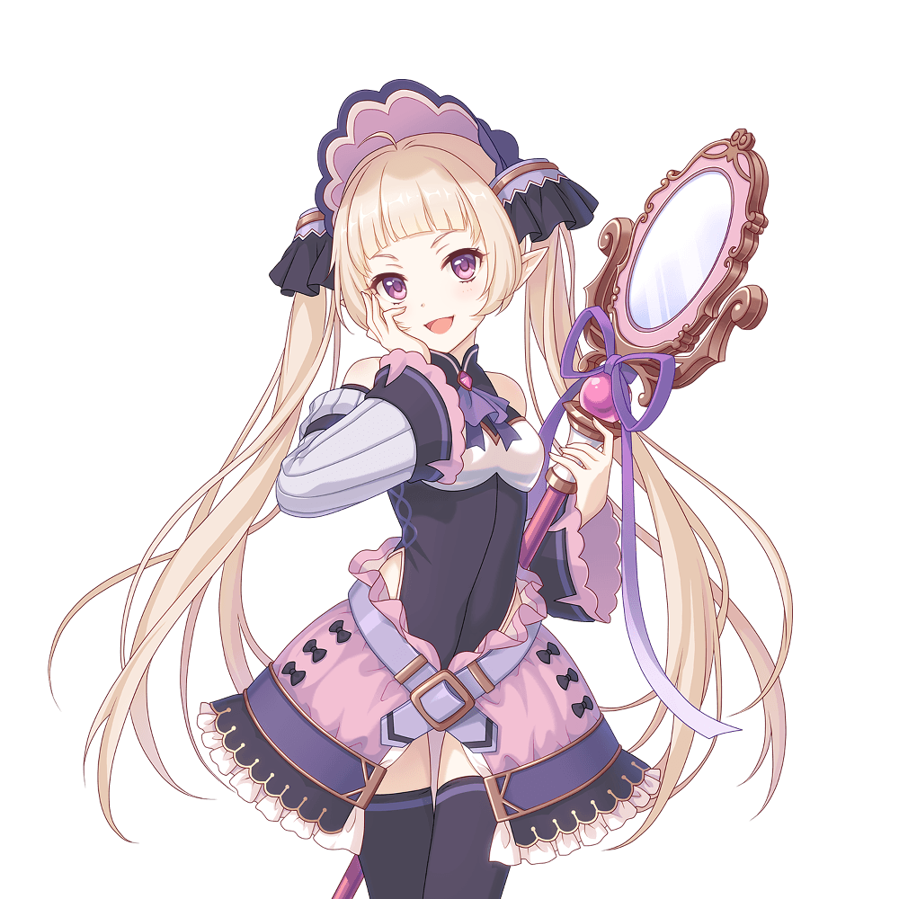 1boy ahoge bare_hips blonde_hair breasts crossdressing elf hair_ornament hand_mirror hand_on_own_cheek hand_on_own_face holding holding_mirror long_hair looking_ahead looking_at_viewer mirror official_art open_mouth pointy_ears princess_connect! purple_eyes skirt small_breasts smile solo staff tachi-e thigh_gap thighhighs transparent_background trap twintails yuki_(princess_connect!) zettai_ryouiki