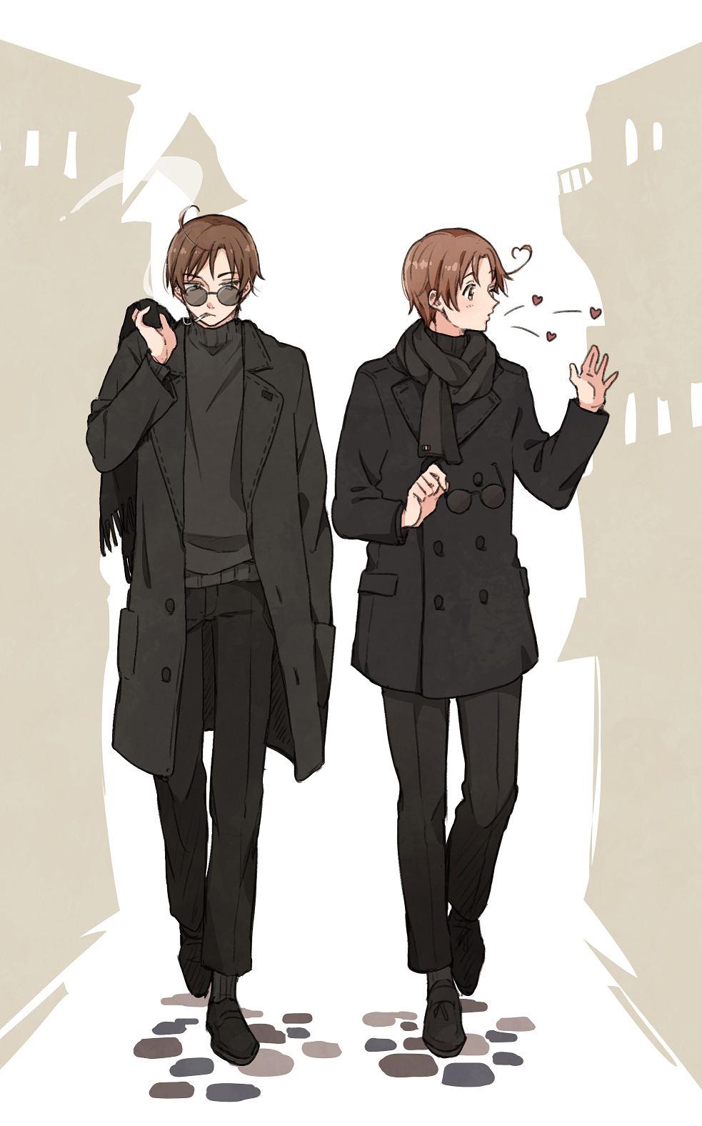 2boys ahoge axis_powers_hetalia black-framed_eyewear black_coat black_jacket black_pants black_scarf black_shoes black_socks black_sweater blush brothers brown_hair building buttons cigarette closed_mouth coat commentary_request flag full_body hair_between_eyes hand_in_pocket hand_up hands_up heart heart_ahoge highres holding holding_removed_eyewear holding_unworn_clothes holding_unworn_scarf jacket lapels long_sleeves looking_at_another looking_to_the_side male_focus multiple_boys nbsr northern_italy_(hetalia) one_eye_closed open_clothes open_coat pants round_eyewear scarf shoes short_hair siblings smoke smoking socks southern_italy_(hetalia) standing sunglasses sweater turtleneck turtleneck_sweater twins unworn_eyewear unworn_scarf white_background yellow_eyes