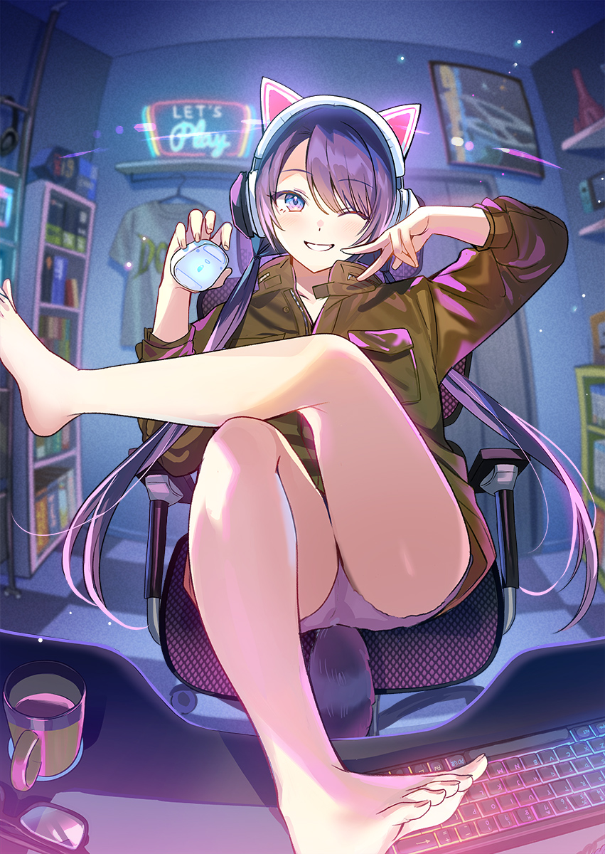1girl ;d animal_ear_headphones animal_ears aori_aorare_shiteta_netoge_nakama_ga_hinkouhousei_na_bijin_senpai_datta_hanashi bare_legs barefoot book cat_ear_headphones chair computer_keyboard cover cover_page crossed_legs cup fake_animal_ears feet_on_table fisheye gaming_chair glasses grin headphones highres holding_computer_mouse indoors jacket long_hair low_twintails novel_cover official_art one_eye_closed open_mouth purple_eyes purple_hair saegusa_chisako_(goribayashi) shelf shorts sitting smile solo swivel_chair tan_(tangent) twintails v