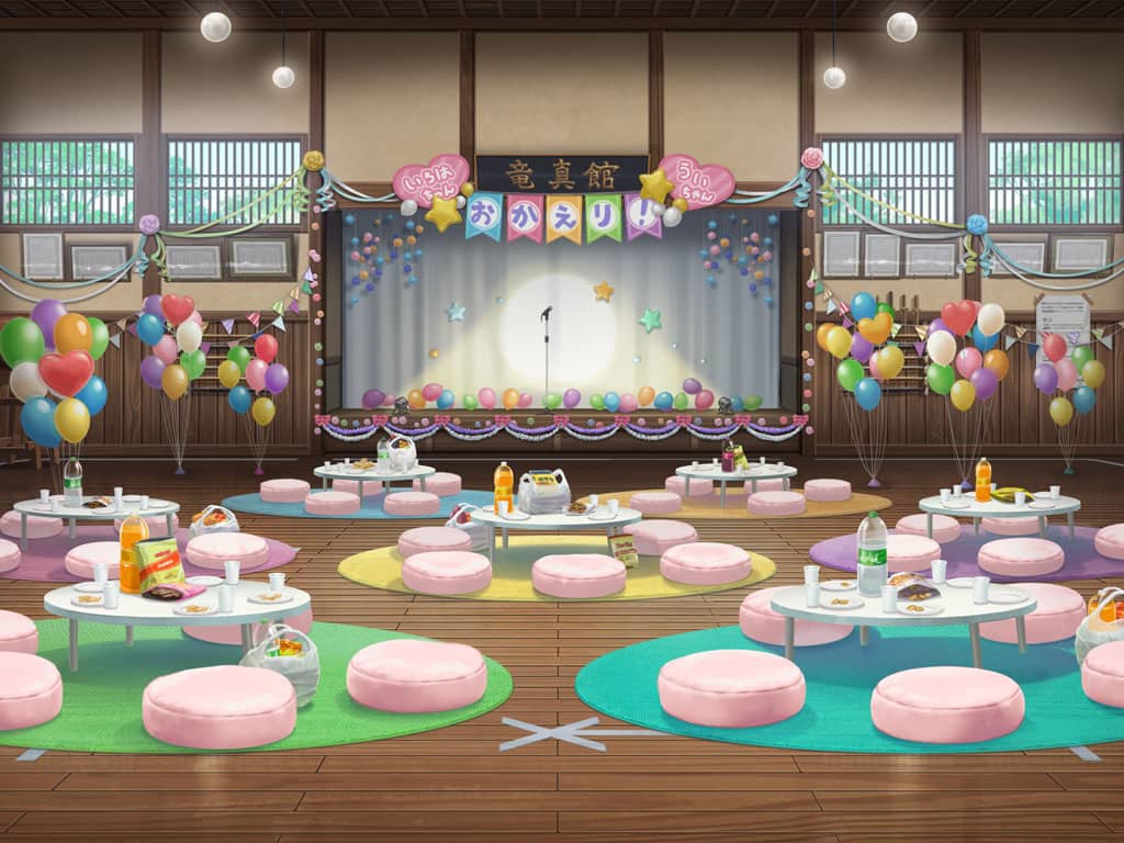 artist_request bag bag_of_chips balloon blue_sky carpet ceiling_light chips_(food) cup day disposable_cup dojo drum food game_cg groceries grocery_bag halo heart heart_halo indoors instrument magia_record:_mahou_shoujo_madoka_magica_gaiden mahou_shoujo_madoka_magica microphone microphone_stand no_humans official_art paper_plate party plate potato_chips reflective_floor shopping_bag shouji sign sky sliding_doors soda soda_bottle stage star_(symbol) stool streamers table taiko_drum tape tree window wooden_floor