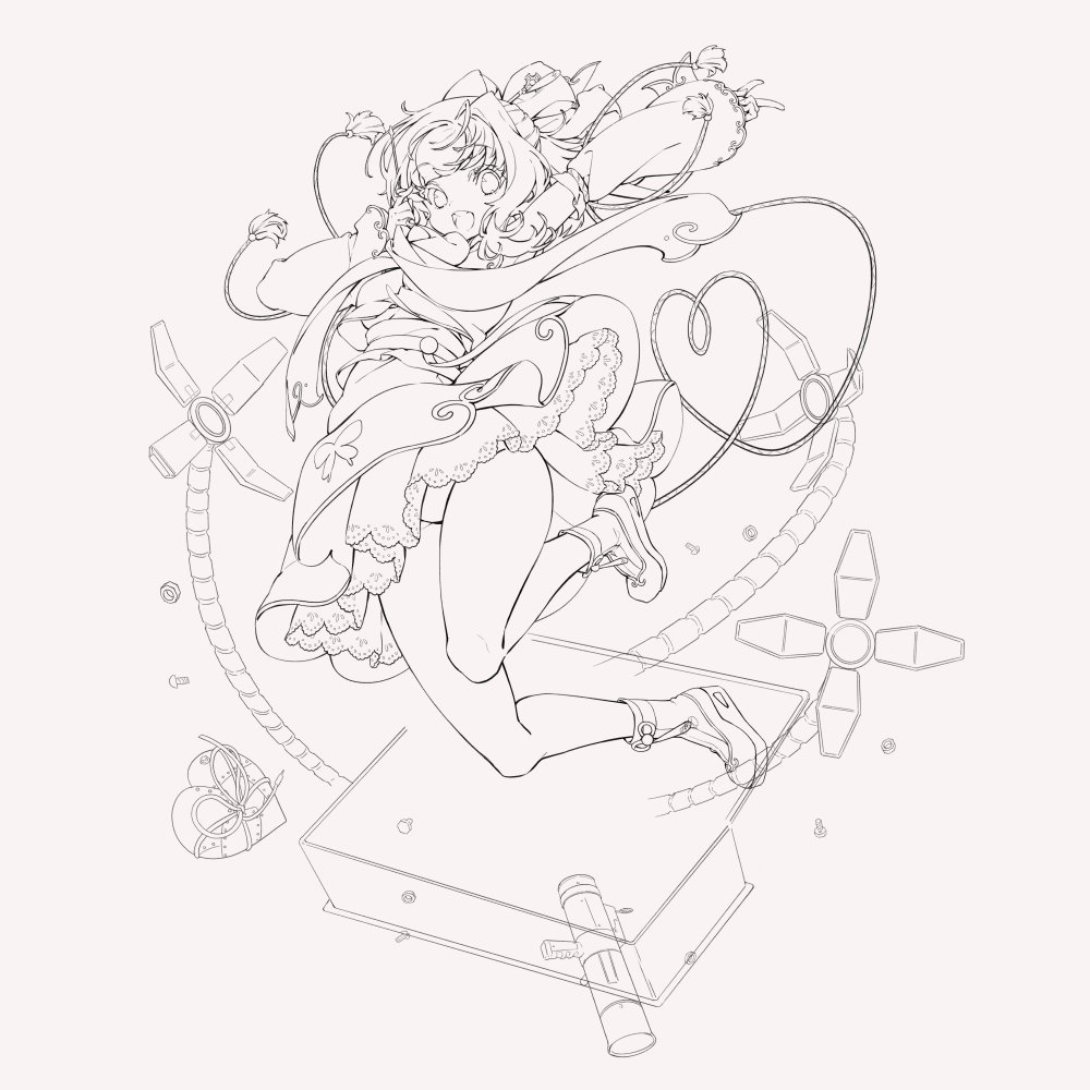 1girl aki_(aki_mechdoll) animal_print ankle_boots arm_over_head astral_stairways bare_legs beads bilingual_commentary binyeo bistro_cupid bistro_cupid!!_max bistro_cupid_(series) boots breasts butterfly_print camomilla_iri chinese_commentary clenched_hand commentary detached_sleeves english_commentary extra_arms full_body goreum gradient_background hair_ornament hair_ribbon hairpin half_updo hanbok happy heart jeogori_(clothes) korean_clothes lace-trimmed_petticoat lace-trimmed_sleeves lace_trim lineart long_sleeves looking_at_viewer mechanical_arms medium_breasts medium_hair miniskirt mixed-language_commentary monochrome no_socks nut_(hardware) obi obijime official_art open_mouth panties petticoat print_skirt production_art ribbon rocket_launcher sash screw simple_background single_hair_intake sketch skirt sleeveless_hanbok sleeves_past_wrists solo tassel teeth tongue translation_request underboob underwear unfinished upper_teeth_only weapon white_background wide_sleeves