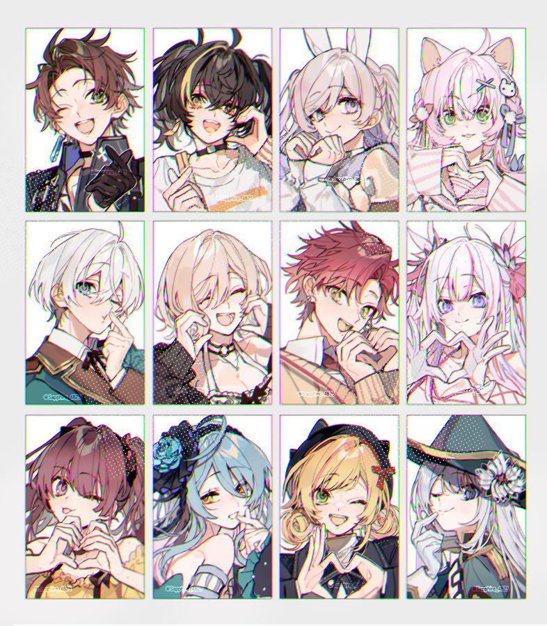 3boys four-finger_heart_hands 6+girls :3 akira_ray animal_ears ban_hada black_choker black_gloves blonde_hair blue_coat blue_eyes blue_hair blue_hat choker closed_eyes closed_mouth coat finger_heart gaon_(nijisanji) gloves green_eyes grey_eyes grey_hair ha_yun hand_up hat heart heart_hands lee_on lee_roha long_hair looking_at_viewer min_suha multicolored_hair multiple_boys multiple_girls nijisanji nijisanji_kr oh_jiyu one_eye_closed open_mouth parted_bangs purple_eyes rabbit_ears red_hair ryu_hari sapphire_(nine) seffyna sidelocks smile so_nagi streaked_hair tongue tongue_out tricorne twintails very_long_hair virtual_youtuber white_gloves white_hair yang_nari