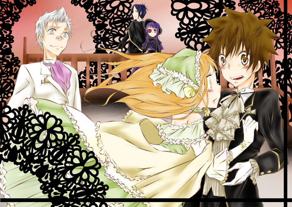 2girls 3boys brown_eyes brown_hair cape chrome_dokuro eyepatch formal_clothes goth_fashion grey_eyes grey_hair hat katekyo_hitman_reborn! long_hair multiple_boys multiple_girls orange_hair plaster ponytail purple_hair rokudou_mukuro sasagawa_kyouko sasagawa_ryohei sawada_tsunayoshi suit