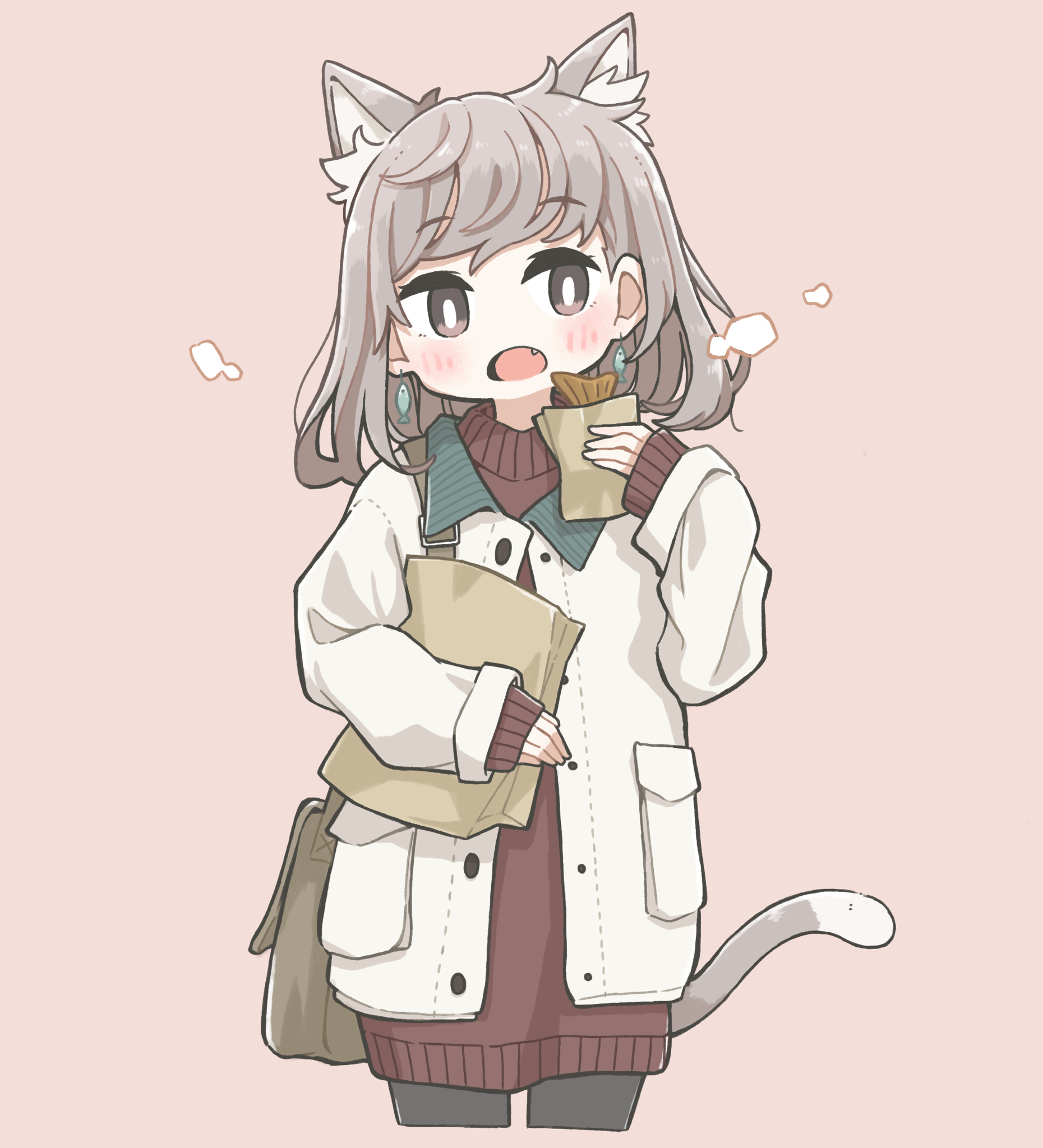 1girl animal_ears black_pantyhose blush brown_eyes brown_hair cat_ears cat_girl cat_tail coat earrings east_sha2 fang fish_earrings floating_earring highres jewelry long_sleeves looking_at_viewer medium_hair open_mouth original pantyhose solo tail white_coat