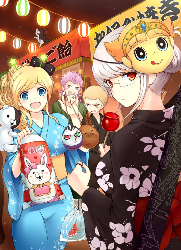 10s 2boys 2girls bad_id bad_pixiv_id blonde_hair blue_eyes braid cham-p chuunibyou danganronpa_(series) festival fish glasses japanese_clothes kimono kinakomoti1630 kuzuryu_fuyuhiko mask monokuma monomi_(danganronpa) multiple_boys multiple_girls pekoyama_peko pink_hair ponytail red_eyes smile sonia_nevermind soda_kazuichi soumochi_kanoko star_(symbol) danganronpa_2:_goodbye_despair tanaka_gundham tanaka_gundam twin_braids water_balloon white_hair