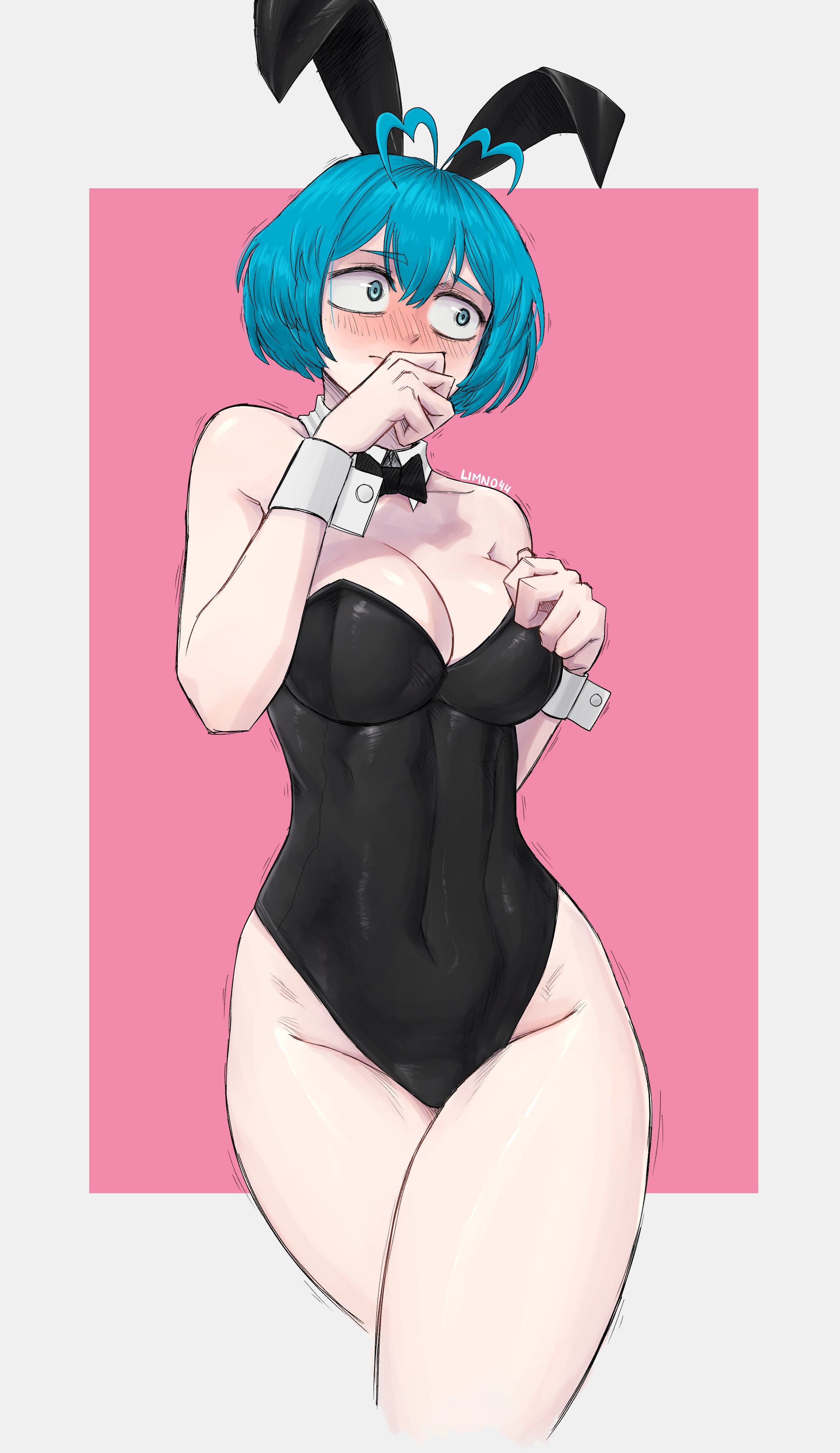 1girl absurdres alternate_costume animal_ears antenna_hair black_bow black_bowtie black_clover black_leotard blue_eyes blue_hair blush bow bowtie breasts cleavage detached_collar embarrassed fake_animal_ears grey_(black_clover) highres large_breasts leotard limn044 nose_blush playboy_bunny rabbit_ears short_hair solo strapless strapless_leotard wrist_cuffs