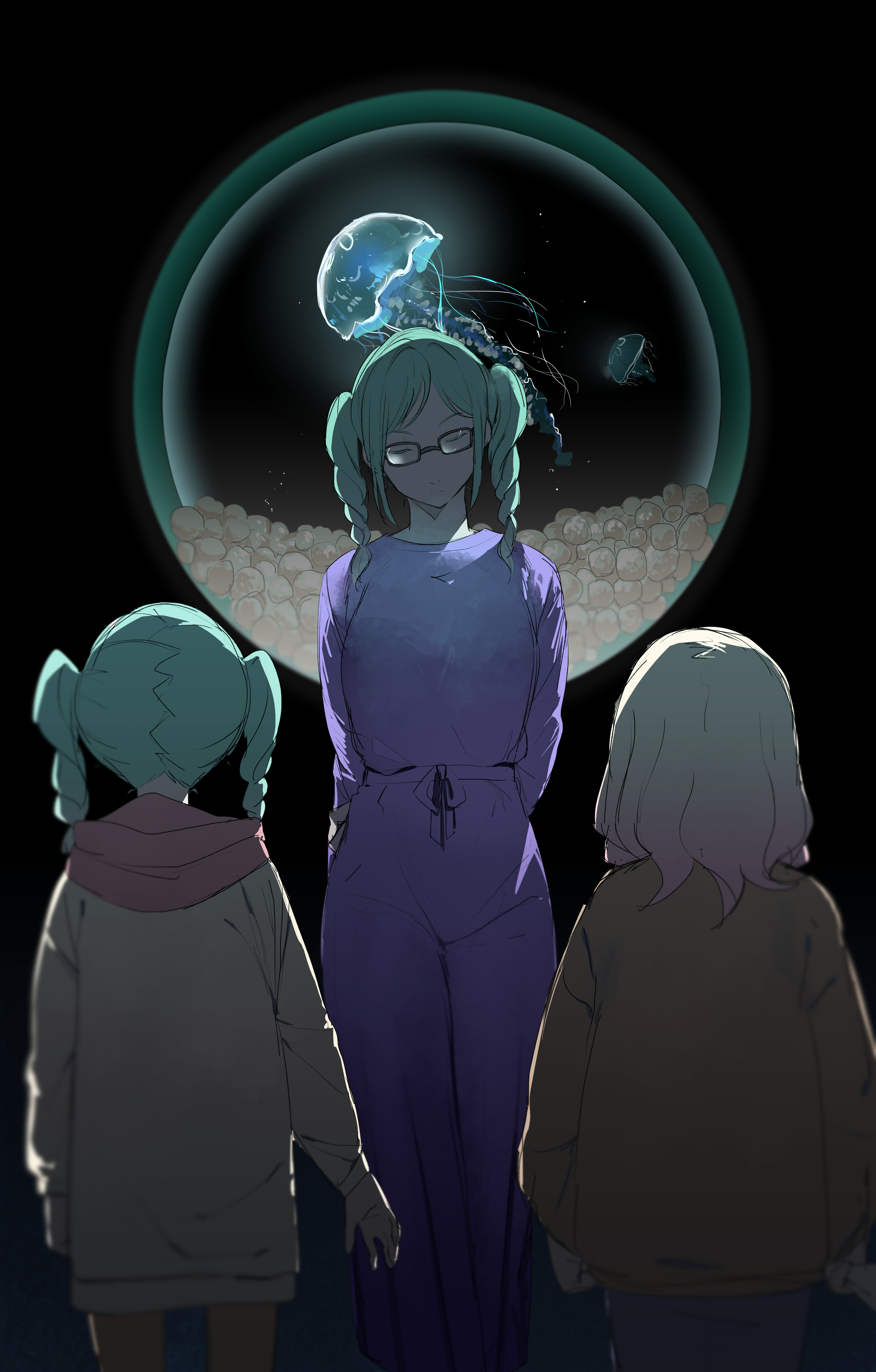 3girls absurdres aged_down black-framed_eyewear black_background blonde_hair braid braided_twintails brown_jacket child closed_eyes co1d_07 commentary_request dress dual_persona fish_tank glasses gradient_hair highres jacket jellyfish light_particles long_sleeves looking_down love_live! love_live!_superstar!! medium_hair multicolored_hair multiple_girls onitsuka_natsumi onitsuka_tomari pink_hair purple_dress siblings simple_background sisters thai_commentary time_paradox twin_braids twintails v-shaped_eyebrows yellow_jacket