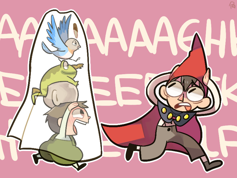 1girl 2boys beatrice_(over_the_garden_wall) bird brothers frog_(over_the_garden_wall) ghost gregory_(over_the_garden_wall) half-siblings hat multiple_boys over_the_garden_wall screaming siblings tsunoji wirt_(over_the_garden_wall)
