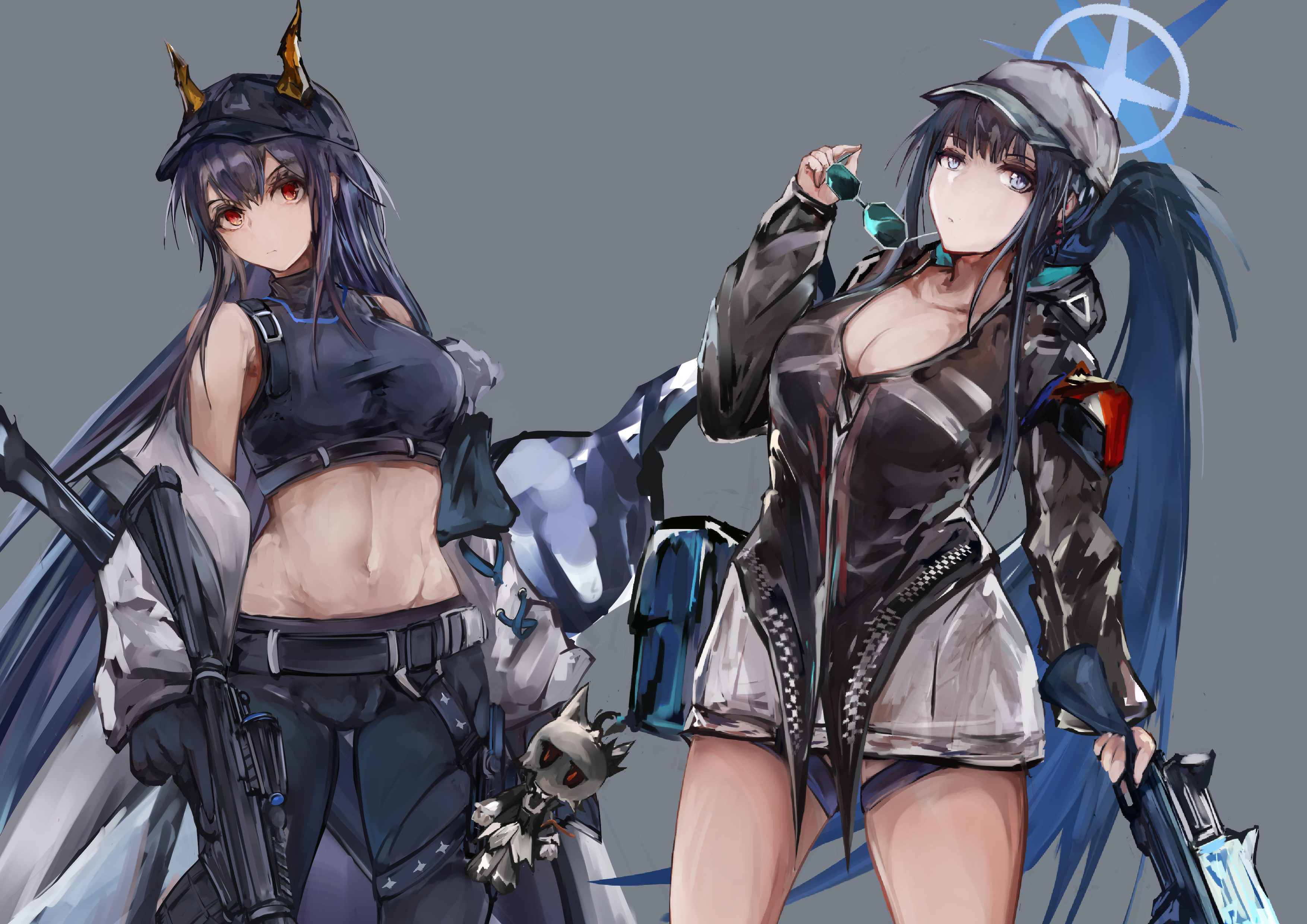 2girls absurdres arknights bare_legs bare_shoulders baseball_cap belt black_belt black_gloves black_jacket black_pants black_shirt blue_archive blue_eyes blue_hair breasts ch'en_(arknights) ch'en_(arknights)_(cosplay) ch'en_the_holungday_(arknights) character_doll charm_(object) cleavage coat commentary_request cosplay cowboy_shot crop_top doll dragon_horns folded_ponytail gloves grey_background grey_coat grey_headwear gun halo hand_up hat high_heels highres holding holding_gun holding_removed_eyewear holding_water_gun holding_weapon horns horns_through_headwear ishigami_shizuka jacket kisumun large_breasts leggings long_hair long_sleeves looking_at_viewer medium_breasts midriff multiple_girls navel off_shoulder open_clothes open_coat pants red_eyes rifle saori_(blue_archive) saori_(blue_archive)_(cosplay) shirt simple_background sleeveless sleeveless_shirt standing standing_on_one_leg stomach sunglasses talulah_(arknights) thighs unworn_eyewear very_long_hair voice_actor_connection water_gun weapon