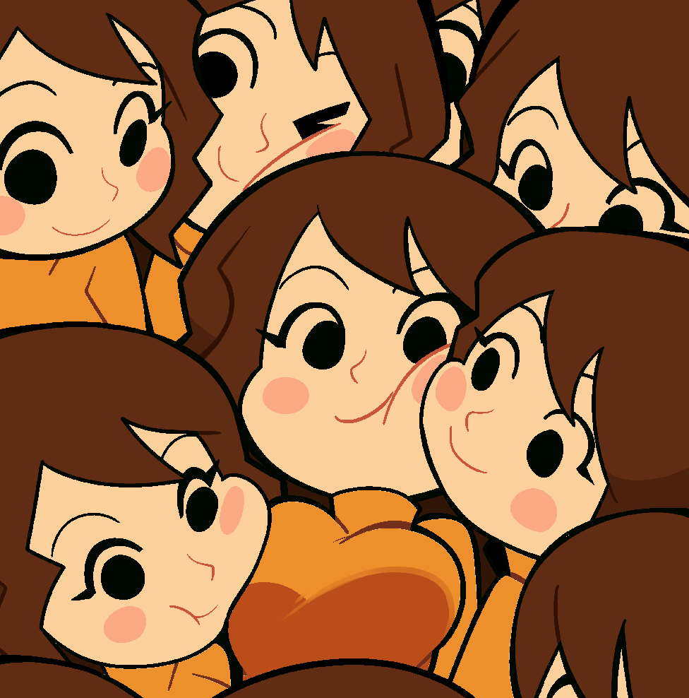 6+girls :&gt; black_eyes blush blush_stickers breasts brown_hair cheek-to-cheek cheek_press chibi clone closed_mouth commentary dress dummy_girl_(mii) everyone happy heads_together large_breasts long_hair looking_at_viewer medium_hair mii_(nintendo) mob_face multiple_girls nintendo one_eye_closed orange_dress orange_shirt orange_sweater scott_falco shirt smile sun sweater turtleneck