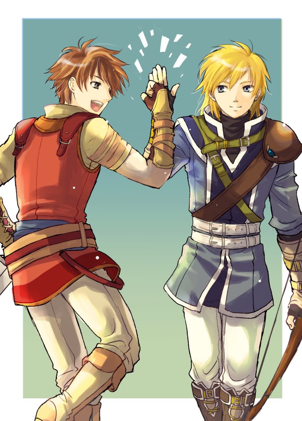 2boys blonde_hair blue_eyes bow_(weapon) brown_hair edward_(fire_emblem) fingerless_gloves fire_emblem fire_emblem:_radiant_dawn gloves holding holding_bow_(weapon) holding_weapon leonardo_(fire_emblem) long_hair multiple_boys nintendo open_mouth smile usachu_now weapon