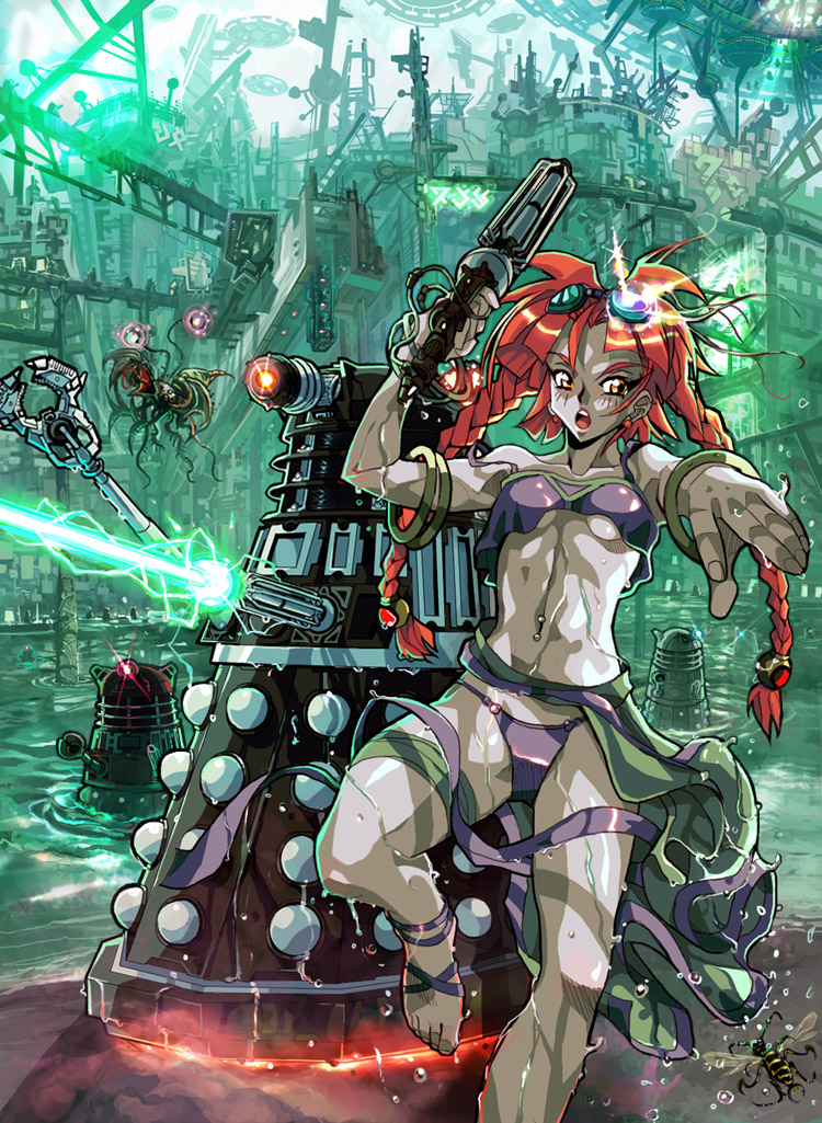 1girl bracelet braid bug city colored_skin dalek doctor_who energy female_focus goggles goggles_on_head grey_skin gun jewelry long_hair machine open_mouth otaking red_eyes red_hair robot scenery science_fiction solo twin_braids weapon wet