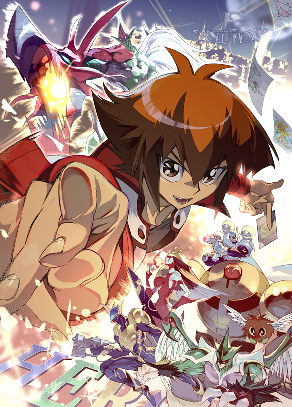 1boy backlighting black_shirt brown_eyes brown_hair card chrysalis_dolphin cityscape cropped_torso dandylion duel_academy_uniform_(yu-gi-oh!_gx) duel_monster e_volution elemental_hero_avian elemental_hero_bubbleman elemental_hero_burstinatrix elemental_hero_clayman elemental_hero_flame_wingman elemental_hero_neos elemental_hero_sparkman foreshortening gotcha hair_between_eyes holding holding_card incoming_attack jacket long_sleeves looking_at_viewer male_focus multicolored_hair open_clothes open_jacket painting_(object) perspective pointing pointing_at_viewer pointing_melee_weapon red_jacket shirt short_hair solo_focus two-tone_hair wind winged_kuriboh yu-gi-oh! yu-gi-oh!_gx yuki_judai