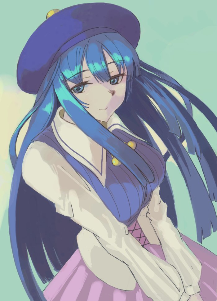 1girl blue_eyes blue_hair blue_hat breasts closed_mouth cross-laced_clothes hat large_breasts long_hair long_sleeves multicolored_background pink_skirt pleated_skirt skirt smile solo split_mouth tsutsumi_nanase v_arms vaison zero_one_sp