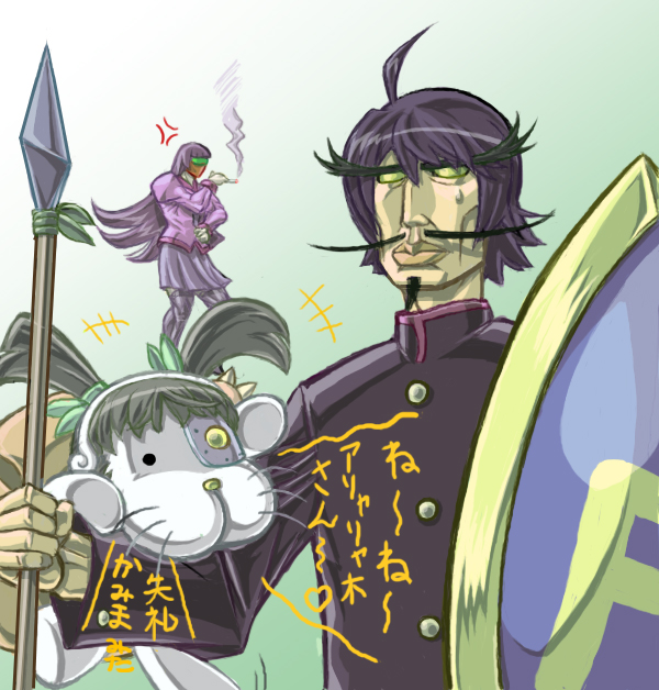 2boys araragi_koyomi bakemonogatari cosplay crossover dondongarara general_vamp hachikuji_mayoi mask monogatari_(series) multiple_boys parody senjougahara_hitagi sunred tentai_senshi_sunred usakotsu