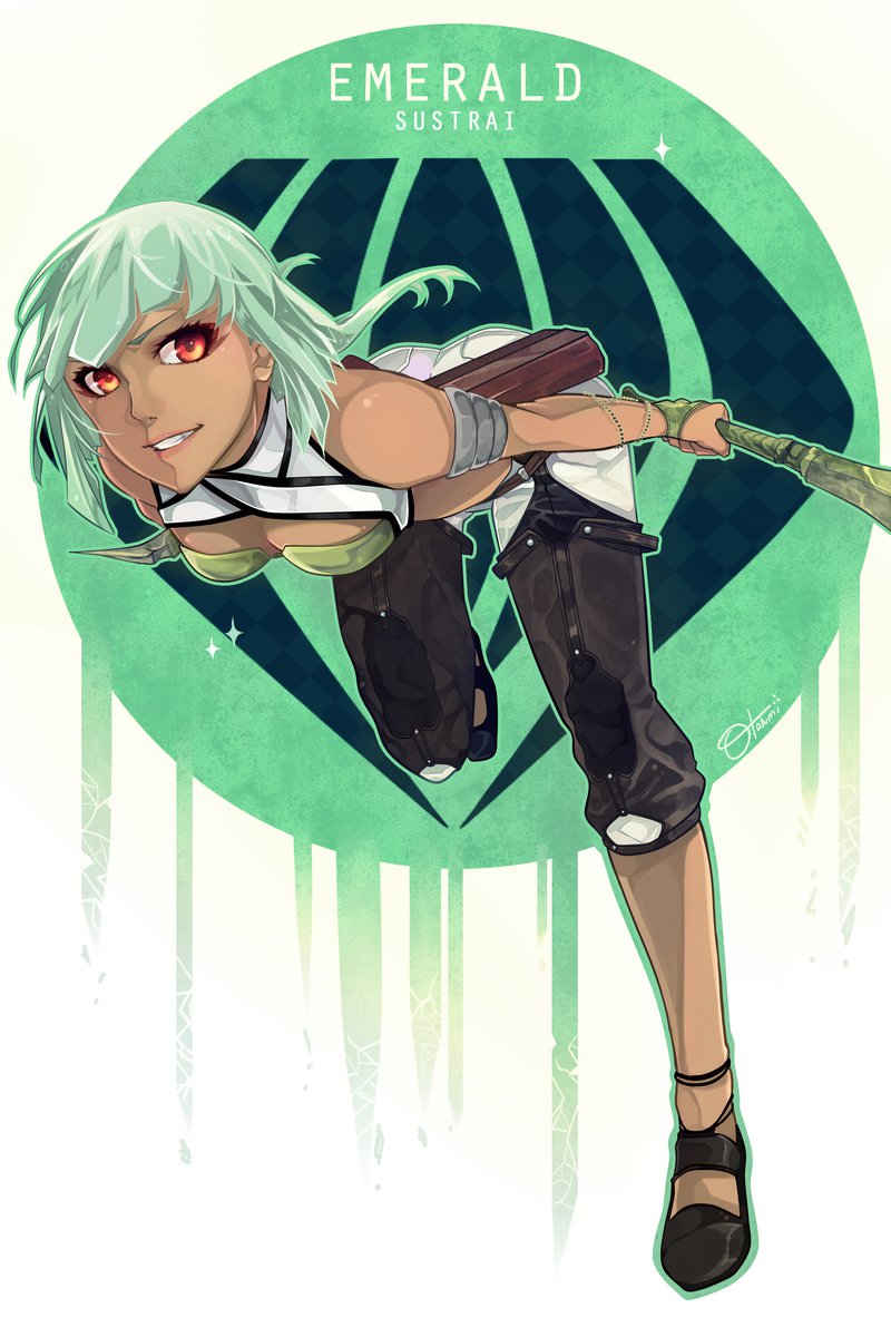 1girl armlet arms_at_sides artist_name bandeau bare_shoulders bent_over bracelet breasts chaps character_name cleavage criss-cross_halter crop_top crossdraw_holster dagger dark-skinned_female dark_skin emerald_sustrai fingerless_gloves gloves green_hair grin halterneck halterneck highres holster jewelry knife leaning_forward leg_up looking_at_viewer medium_breasts otakumi pants red_eyes running rwby sheath short_hair signature smile sparkle symbol weapon white_pants