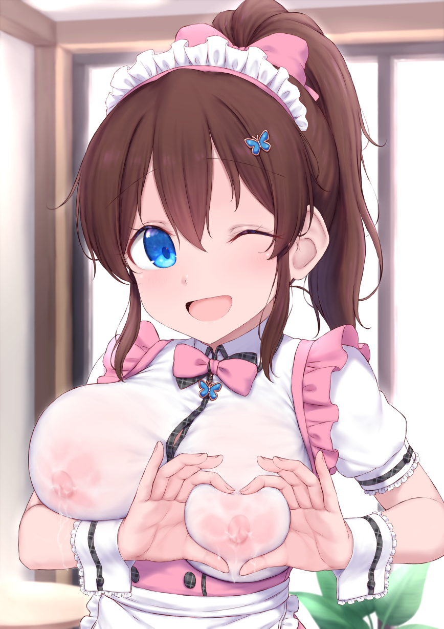 1girl :d apron blue_eyes bow breasts brown_hair cai_geng collared_shirt commentary_request hair_bow heart-shaped_boob_challenge highres idolmaster idolmaster_million_live! idolmaster_million_live!_theater_days indoors lactation lactation_through_clothes large_breasts leaf long_hair maid maid_apron maid_headdress nipples no_bra one_eye_closed open_mouth ponytail pretty_waitress_(idolmaster) satake_minako see-through_clothes see-through_shirt shirt short_sleeves sidelocks smile solo white_apron white_shirt window wrist_cuffs